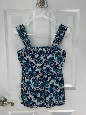 Ann Taylor Floral Square-Neck Sleeveless Top in Teal & Navy